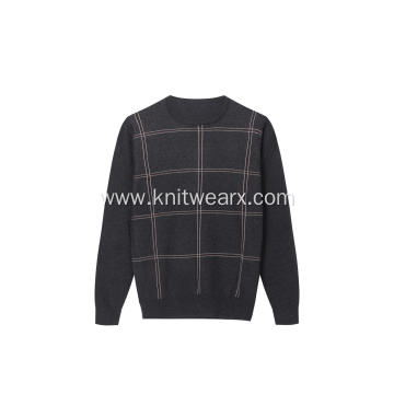 Men's Knitted Checks Jacquard Crew-Neck Pullover